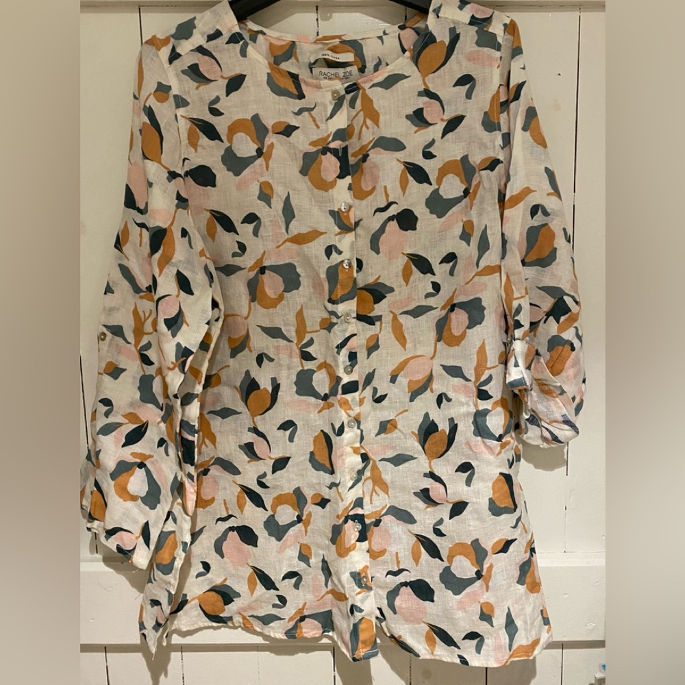 New Linen Long Button Front Scoop Neck Blouse sz 1X